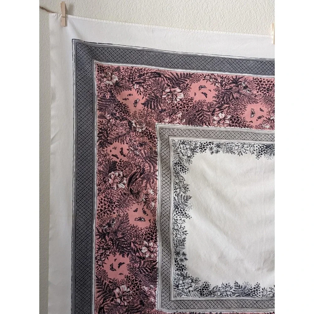 Vintage California Hand Prints Tablecloth Pink Gray Botanical Butterflies 1950s